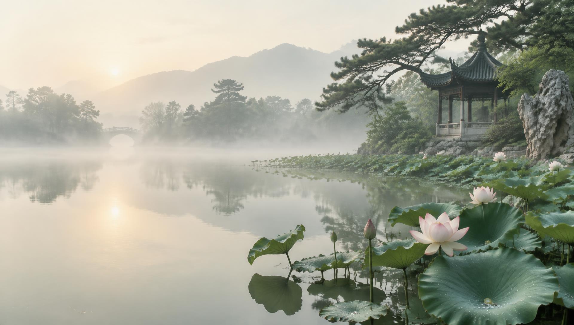 Misty lotus pond in a traditional garden